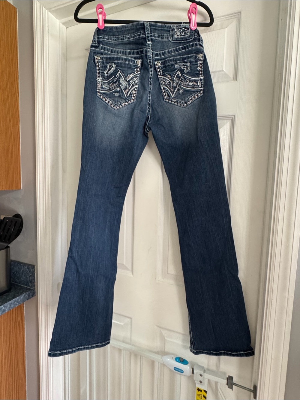 Grace Dark Blue Embellished Back-Pocket Flare Jeans